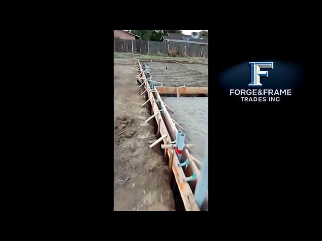 Forge & Frame Trades Inc logo featuring a beveled F on a blueprint grid background.
