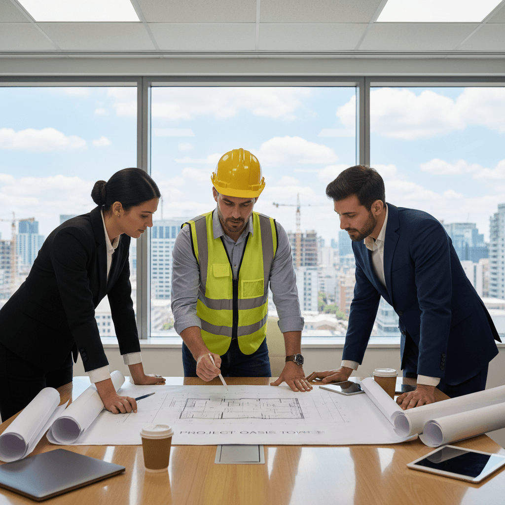 Construction manager reviewing blueprints with a client at an office table