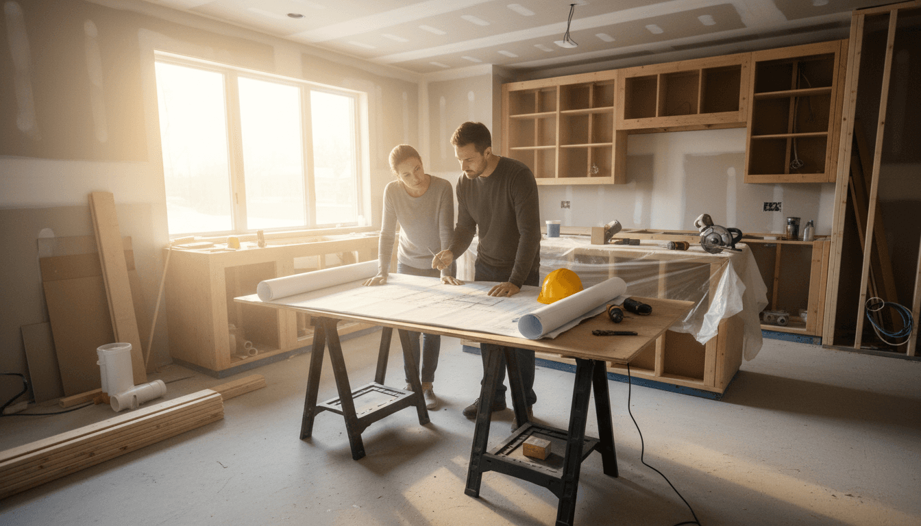 Contractor and homeowner reviewing blueprints together at a kitchen renovation site