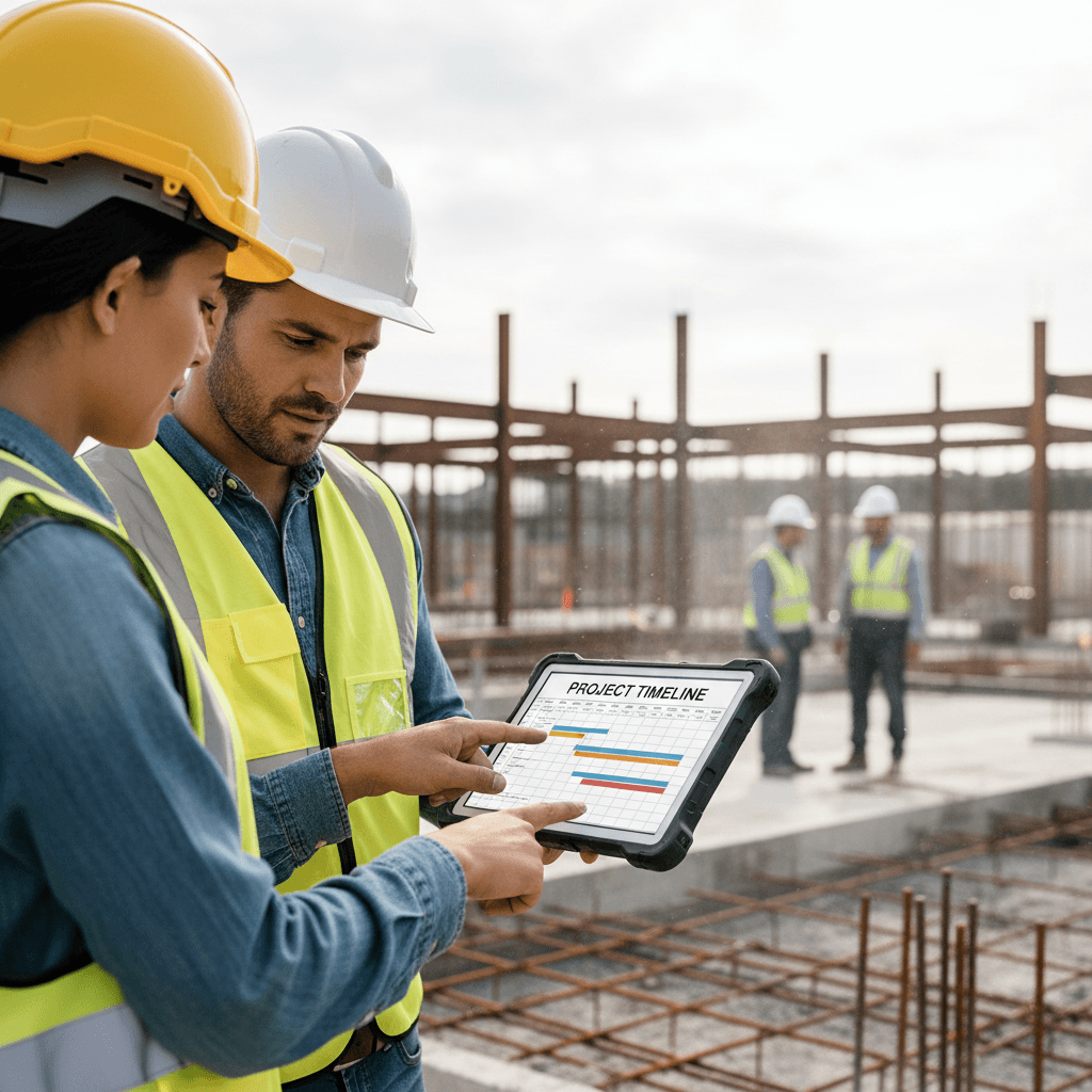 Project manager pointing to a schedule on a tablet during a site meeting
