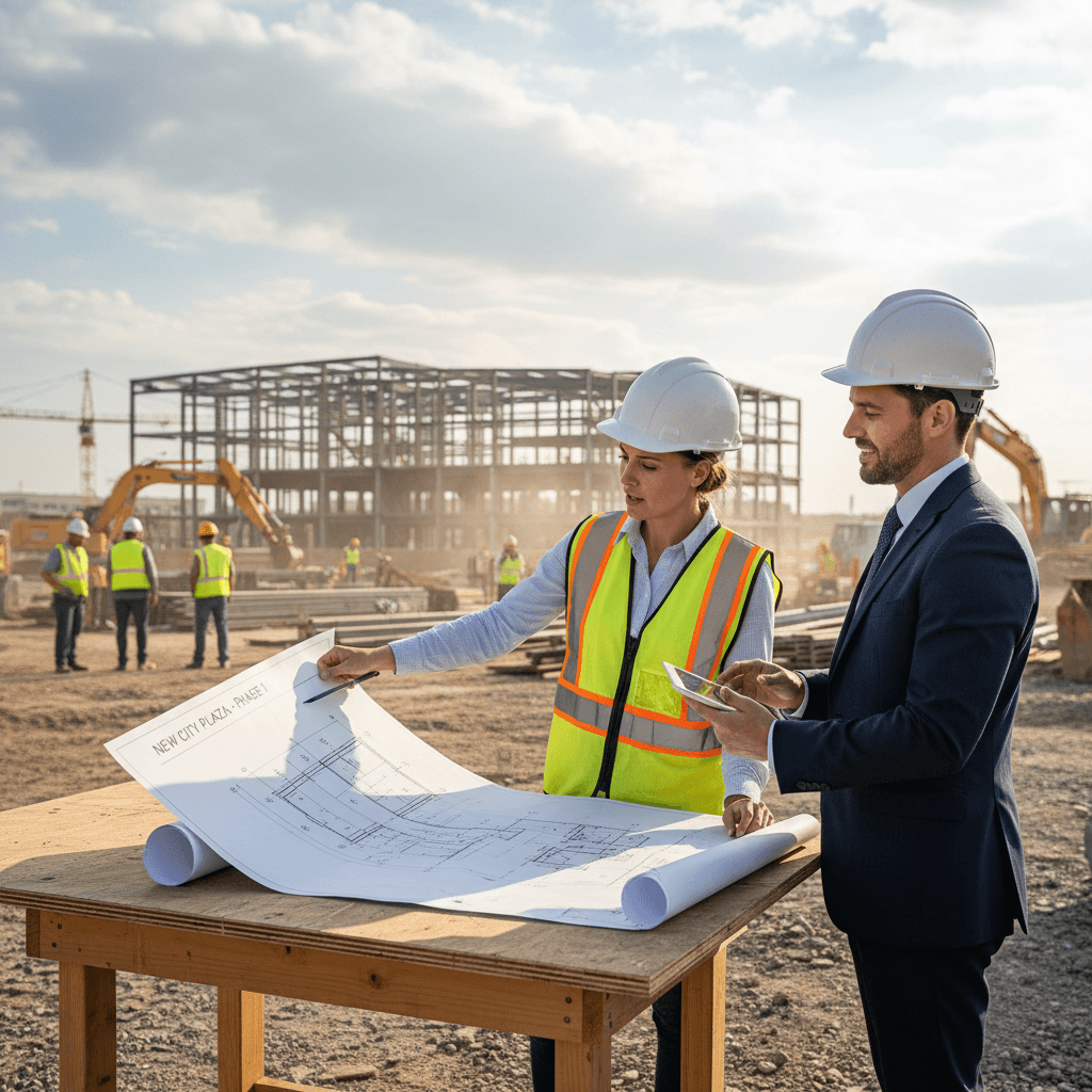 Construction manager reviewing blueprints with a client at a job site