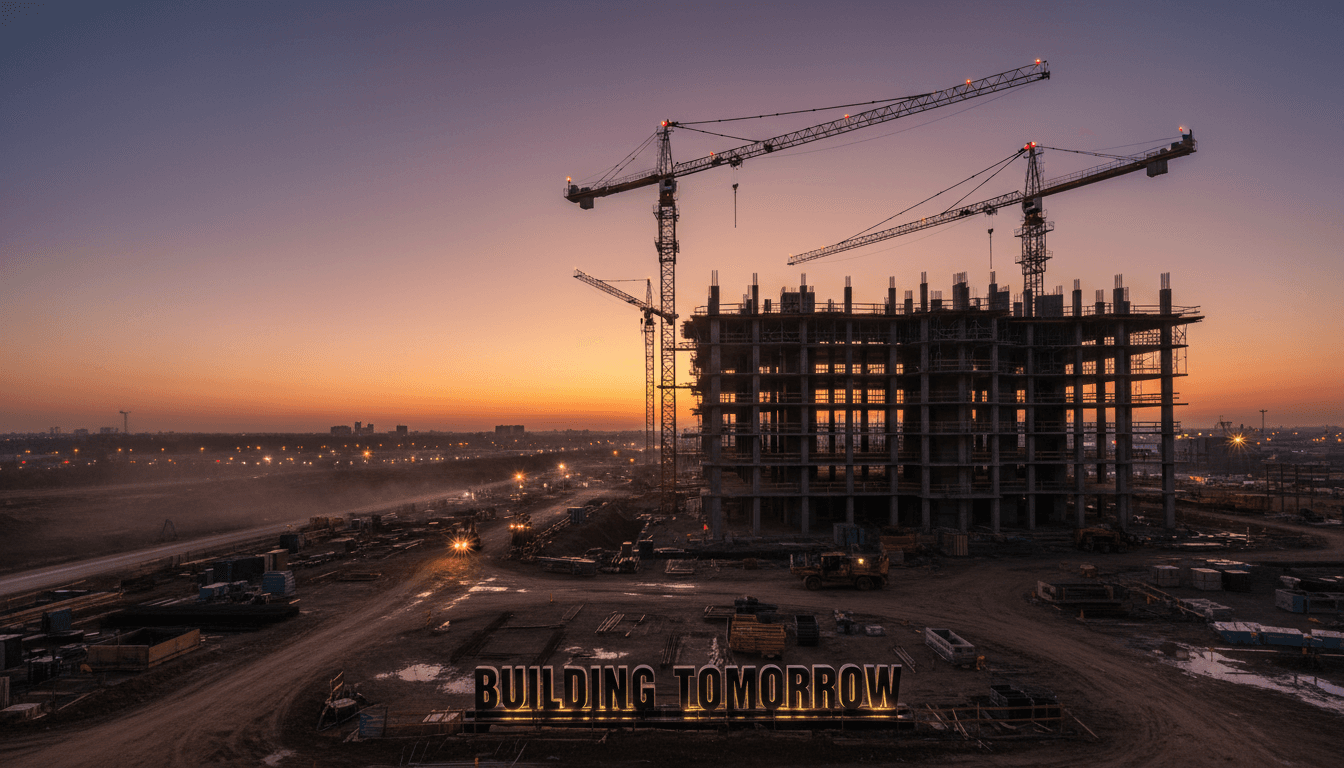 construction site at dusk with cranes and unfinished building silhouette