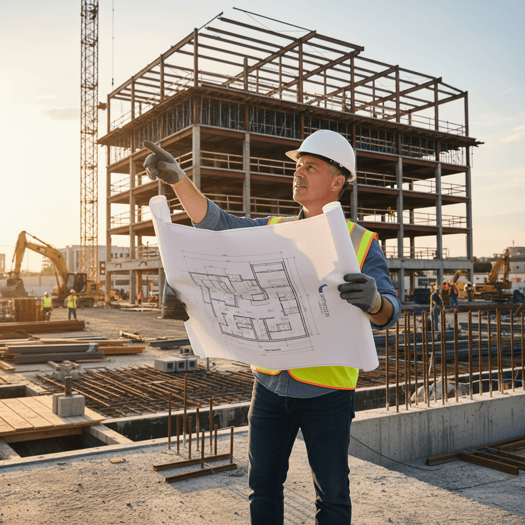 Construction manager reviewing blueprints at an active building site