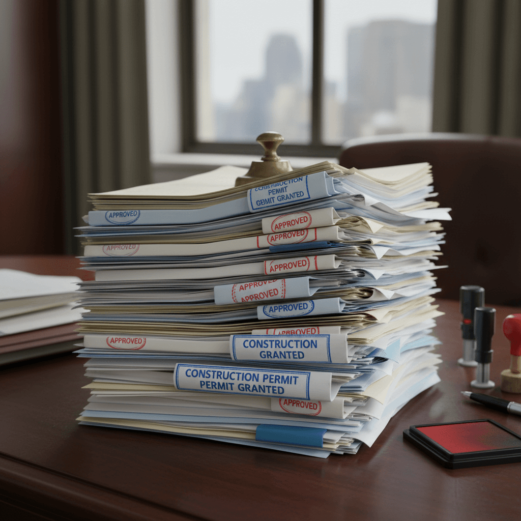 Stack of building permit documents and approval stamps on an office desk