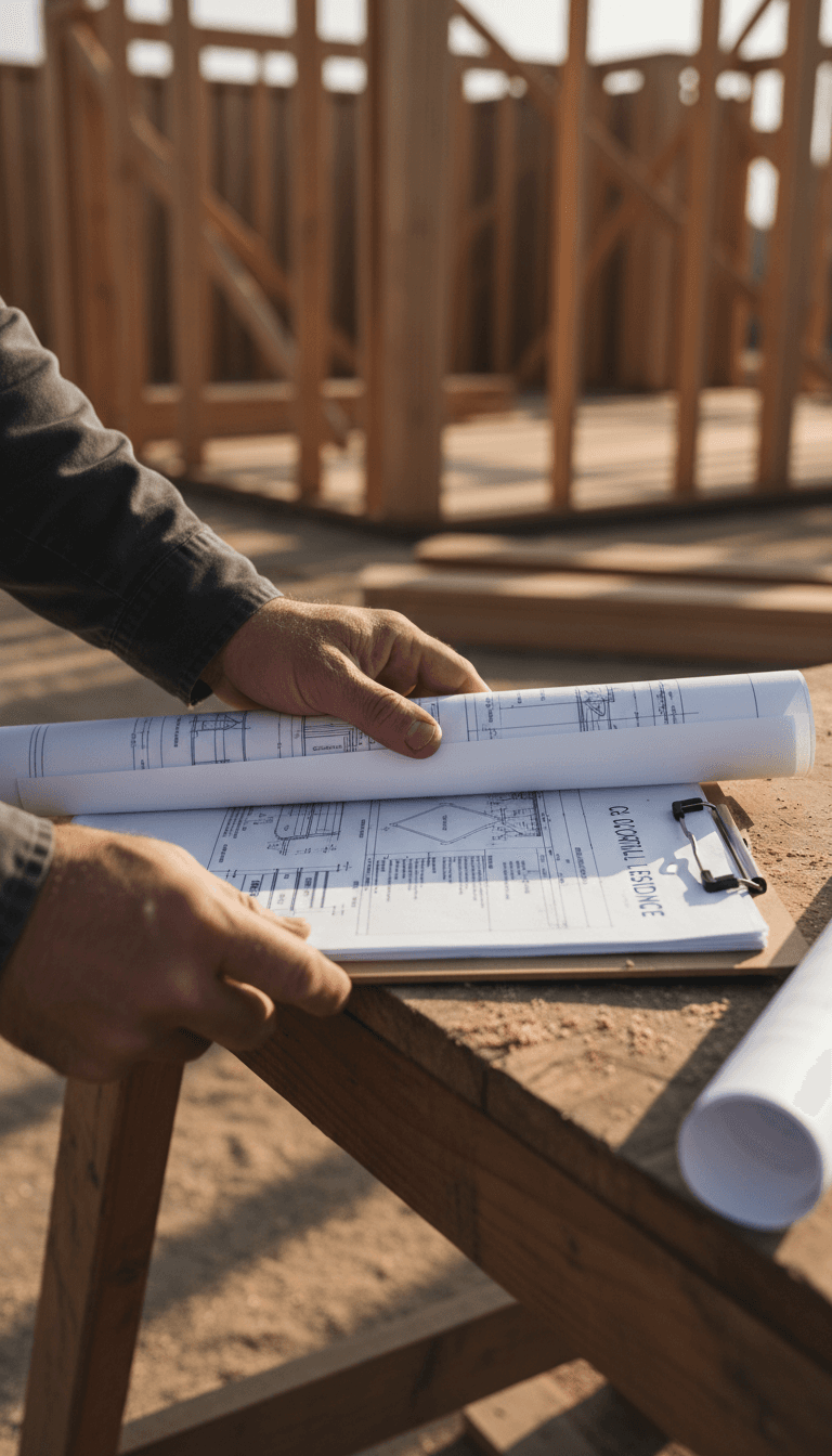 Contractor reviewing paperwork on a job site