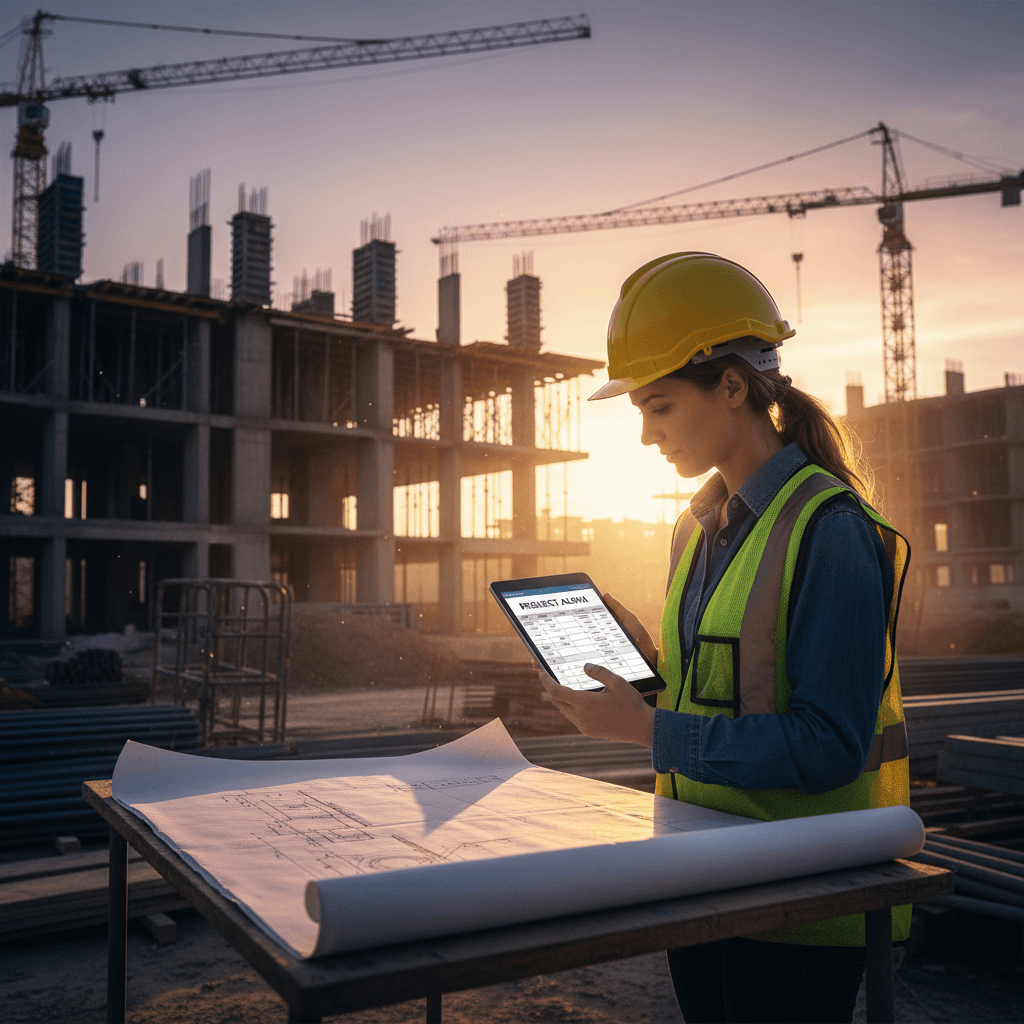 Architect reviewing blueprints and project schedule at a construction site