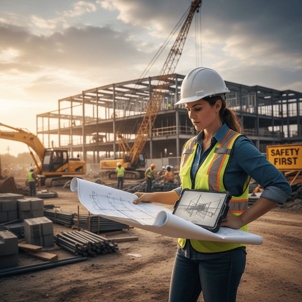 Construction manager reviewing blueprints and project plans at a job site