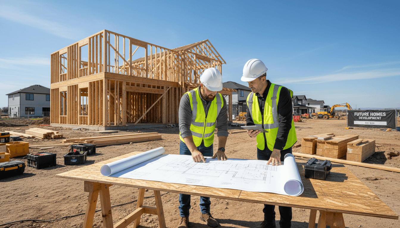 Construction manager reviewing blueprints at a residential build site