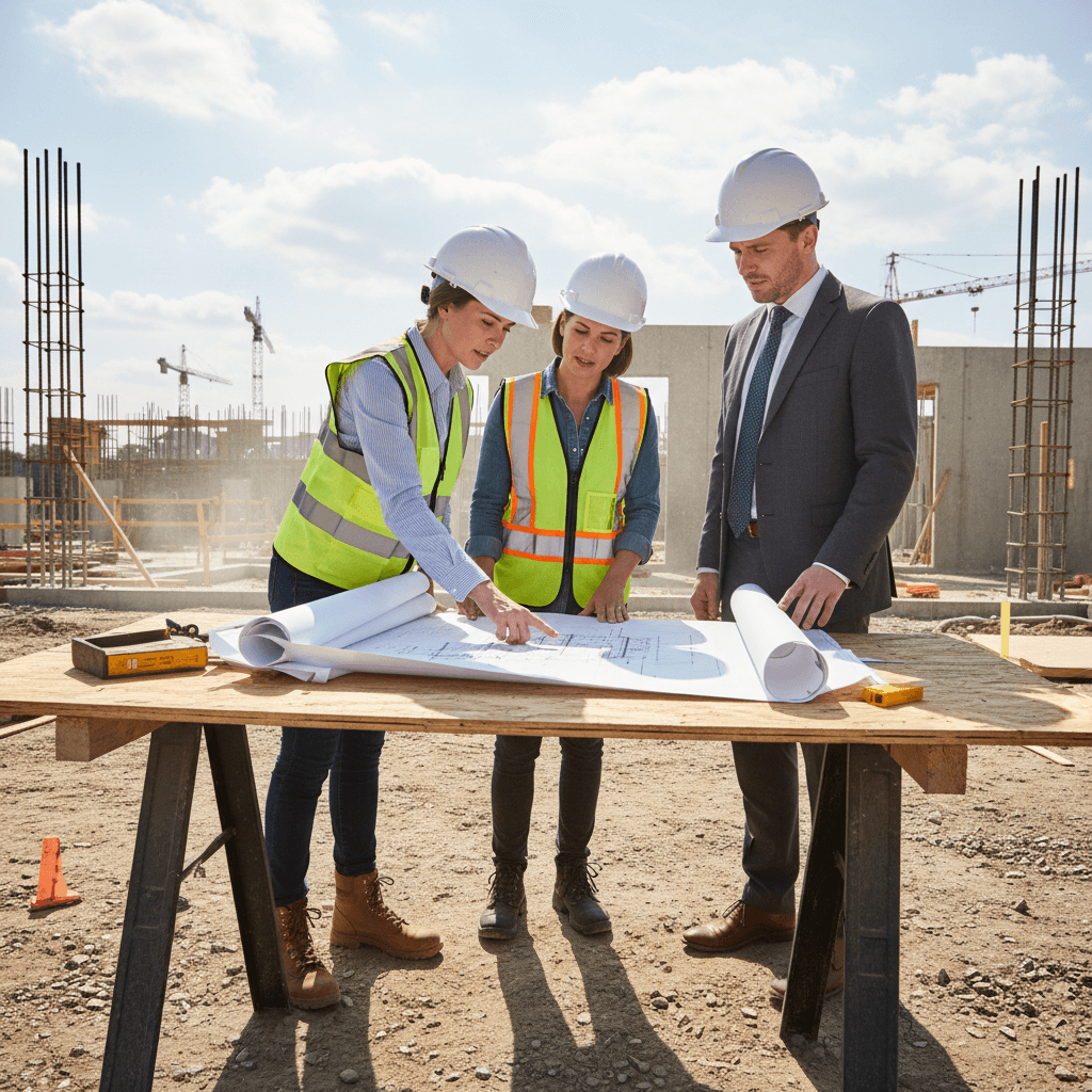 Project manager reviewing blueprints at a construction site