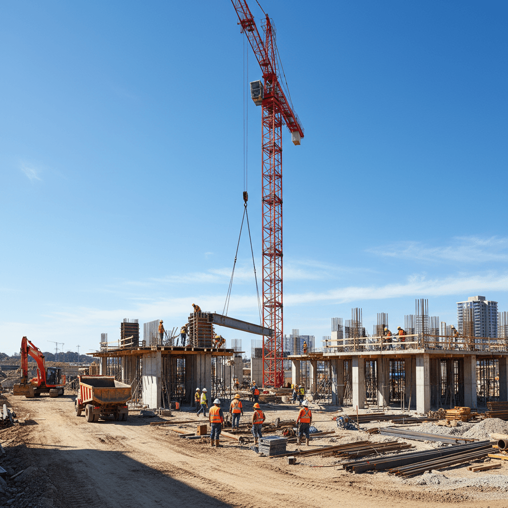 Active construction site with workers and a crane under a clear sky