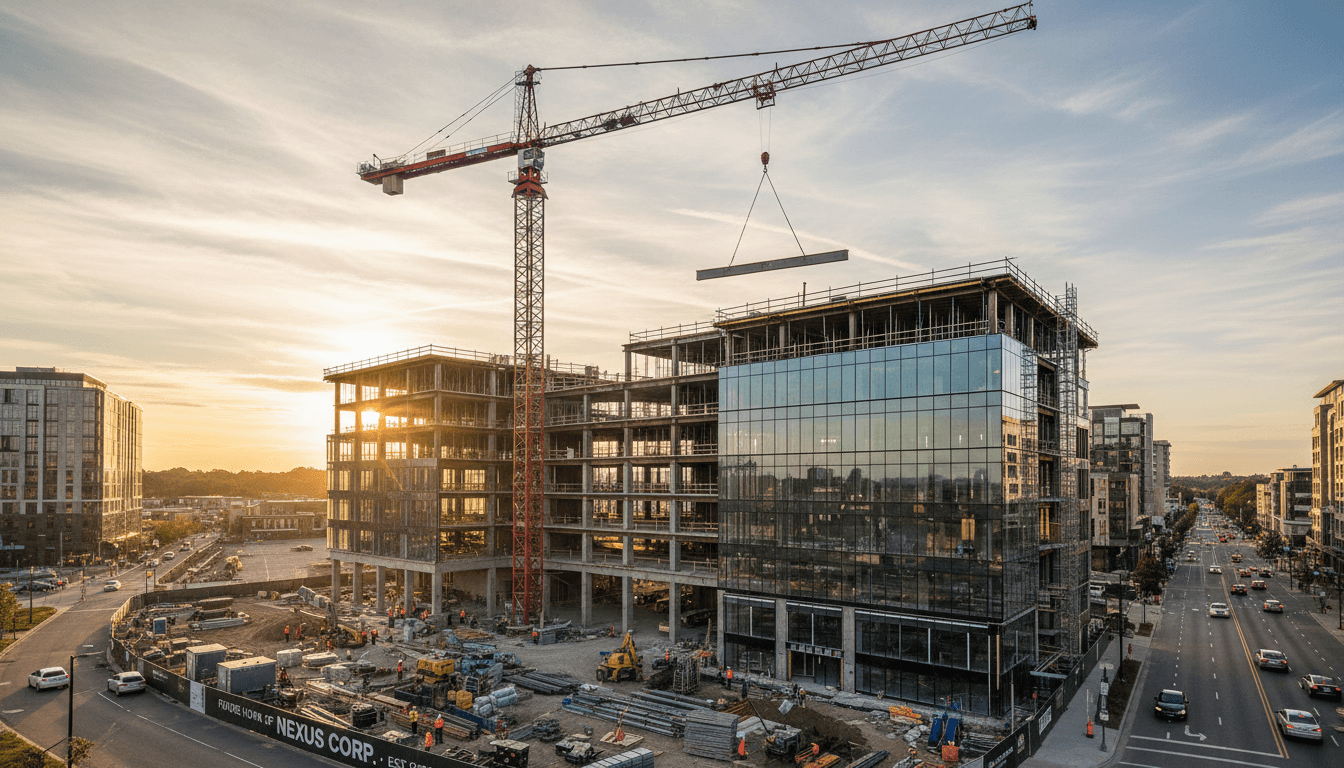 Commercial building under construction with scaffolding