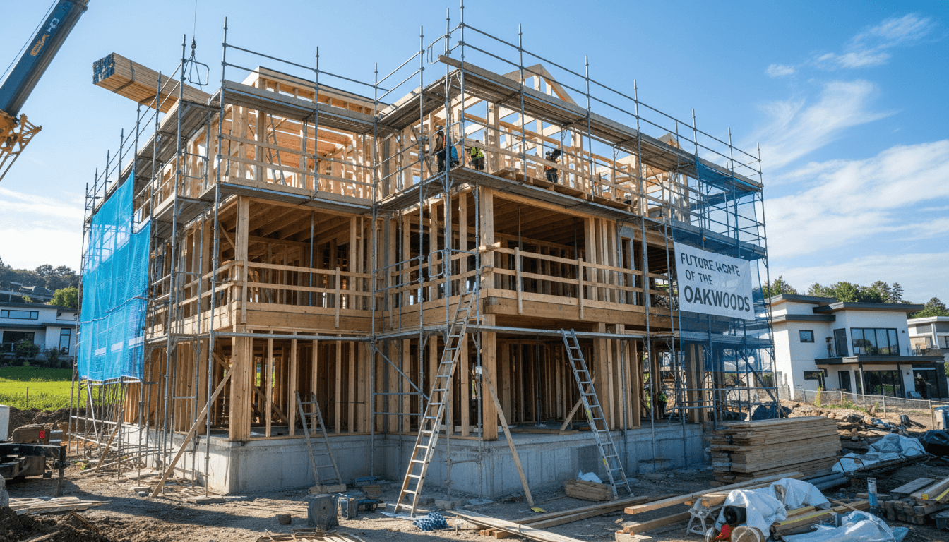 Modern house under construction with framing and scaffolding