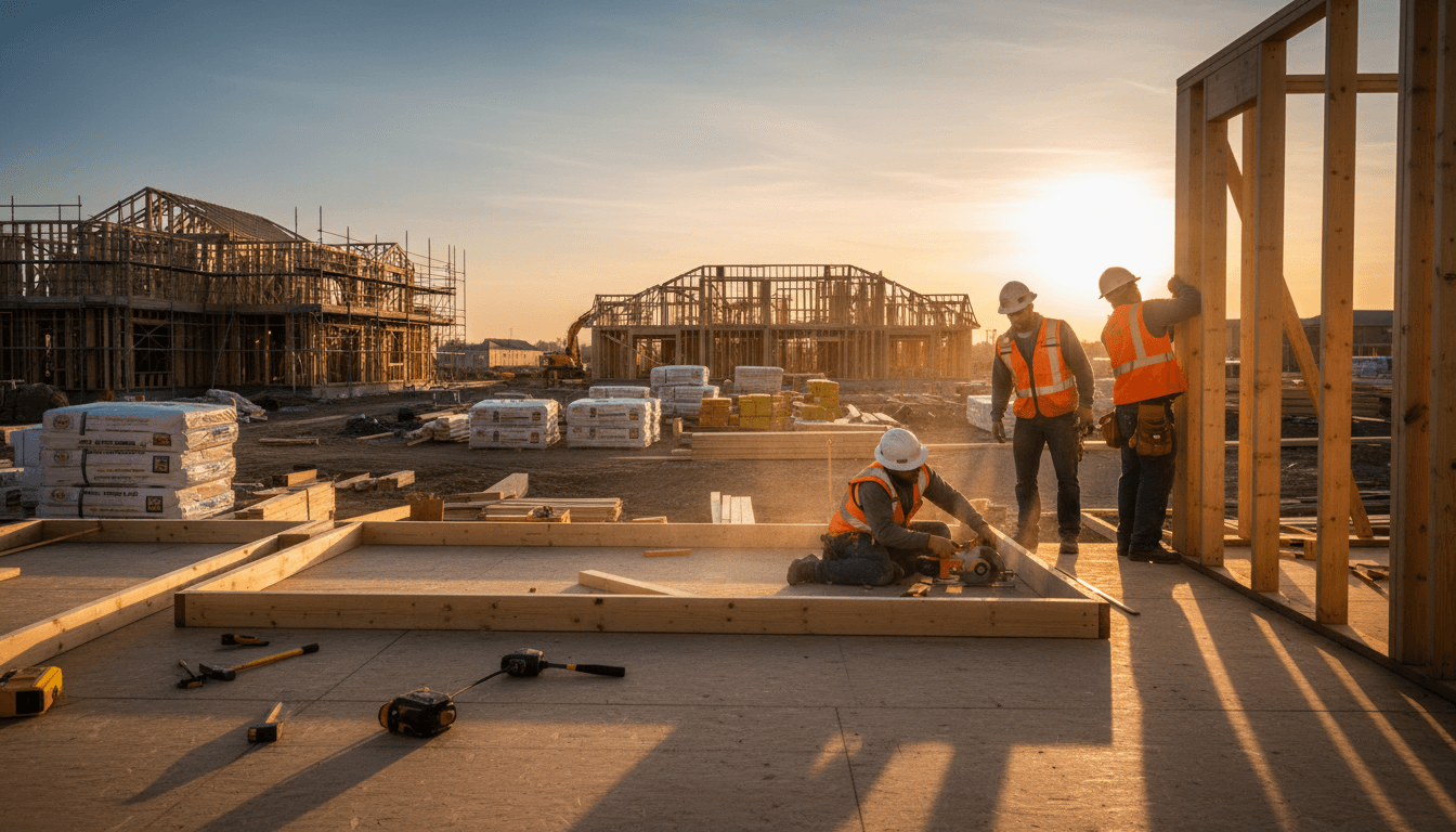 Professional construction crew working on a residential framing project with clear blue sky
