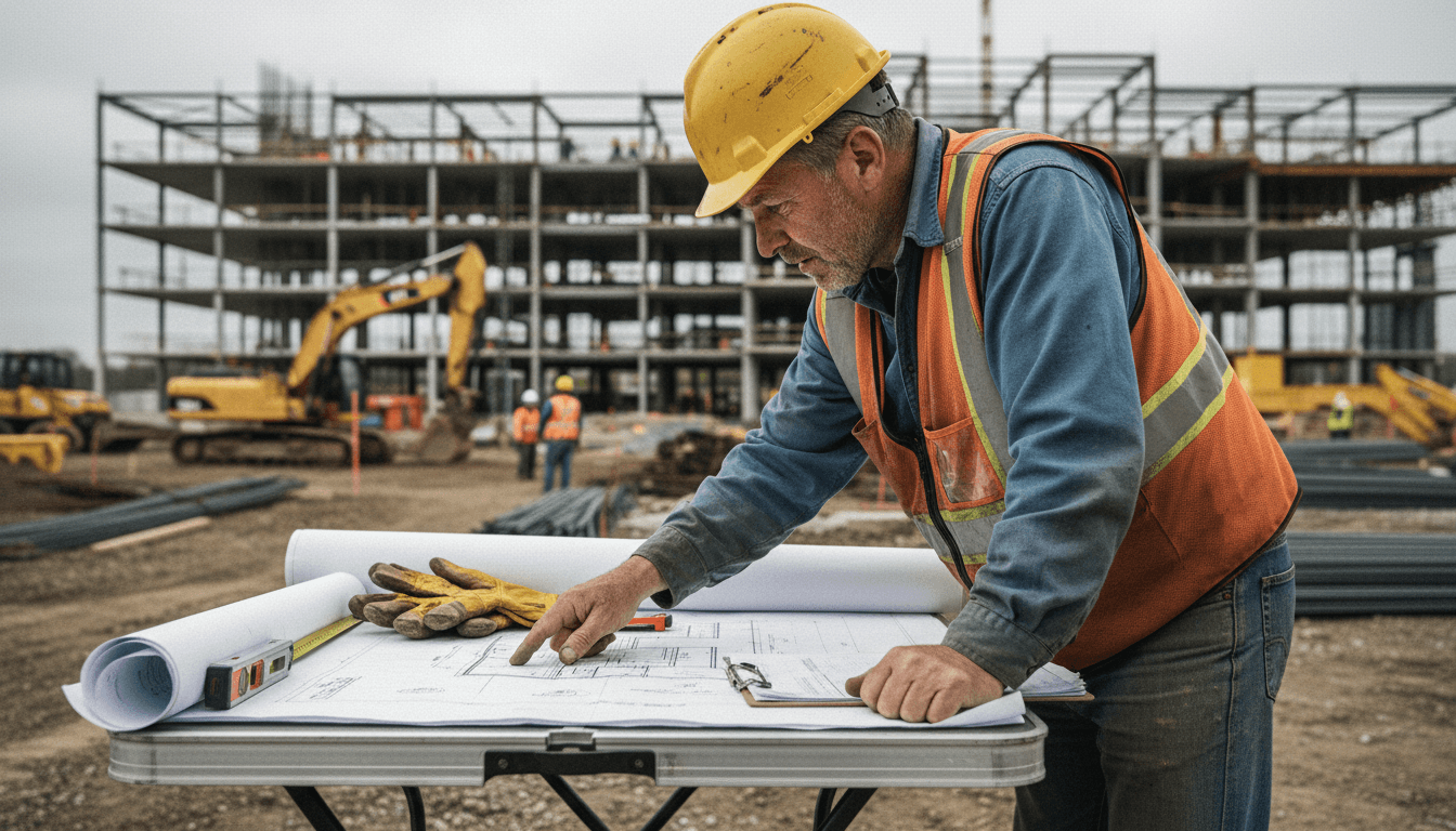 Construction professionals collaborating on project planning at a residential building site