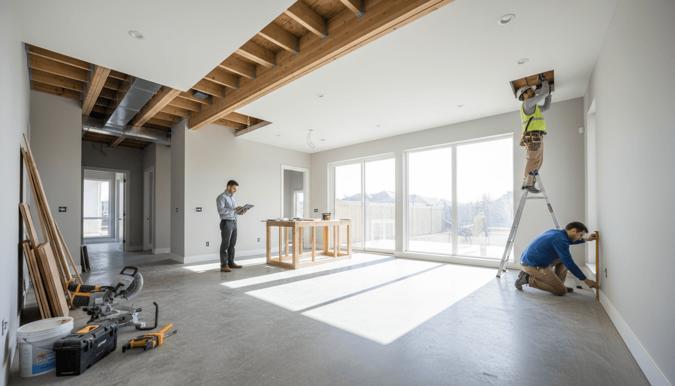Multiple construction workers collaborating on residential renovation with lighting installation, framing, and blueprint review in bright open space