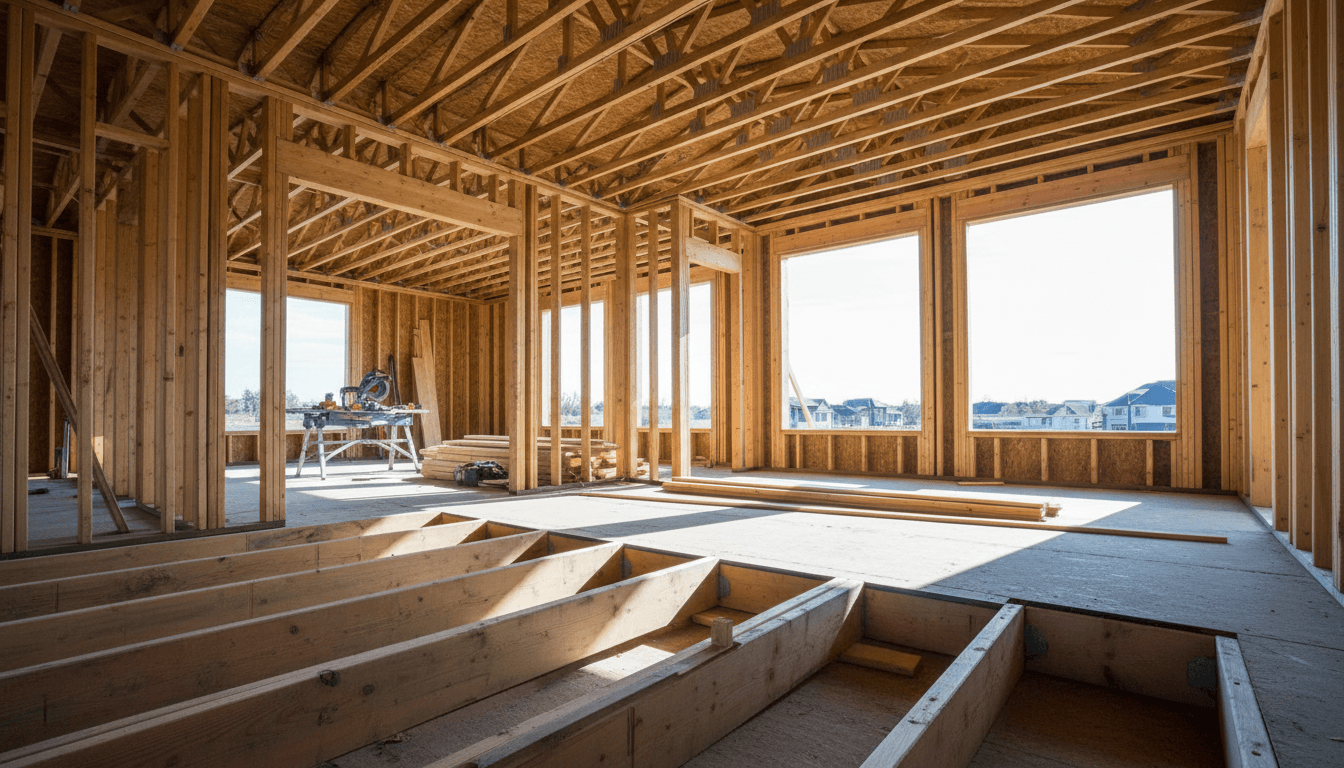 Interior view of residential home framing structure with exposed wooden joists and wall studs, naturally lit from large windows