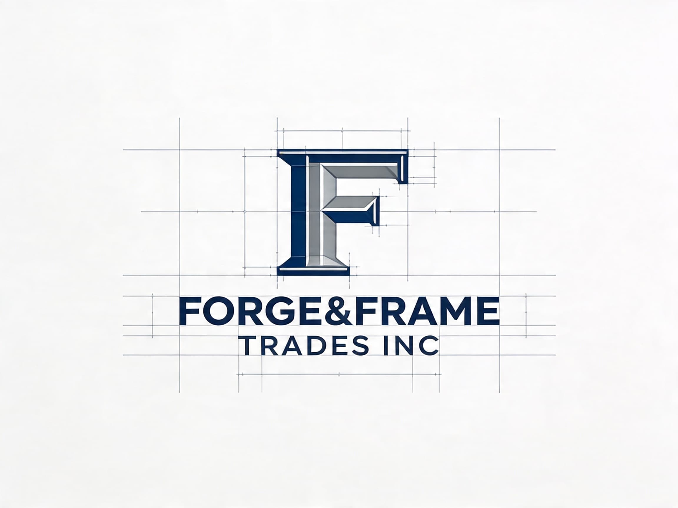 Forge & Frame Trades Inc logo featuring a beveled F on a blueprint grid background.